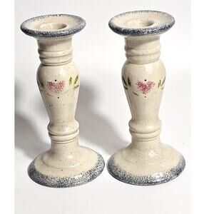 90s Vintage Ceramic Candlestick Holders Spongeware Pattern with a Heart